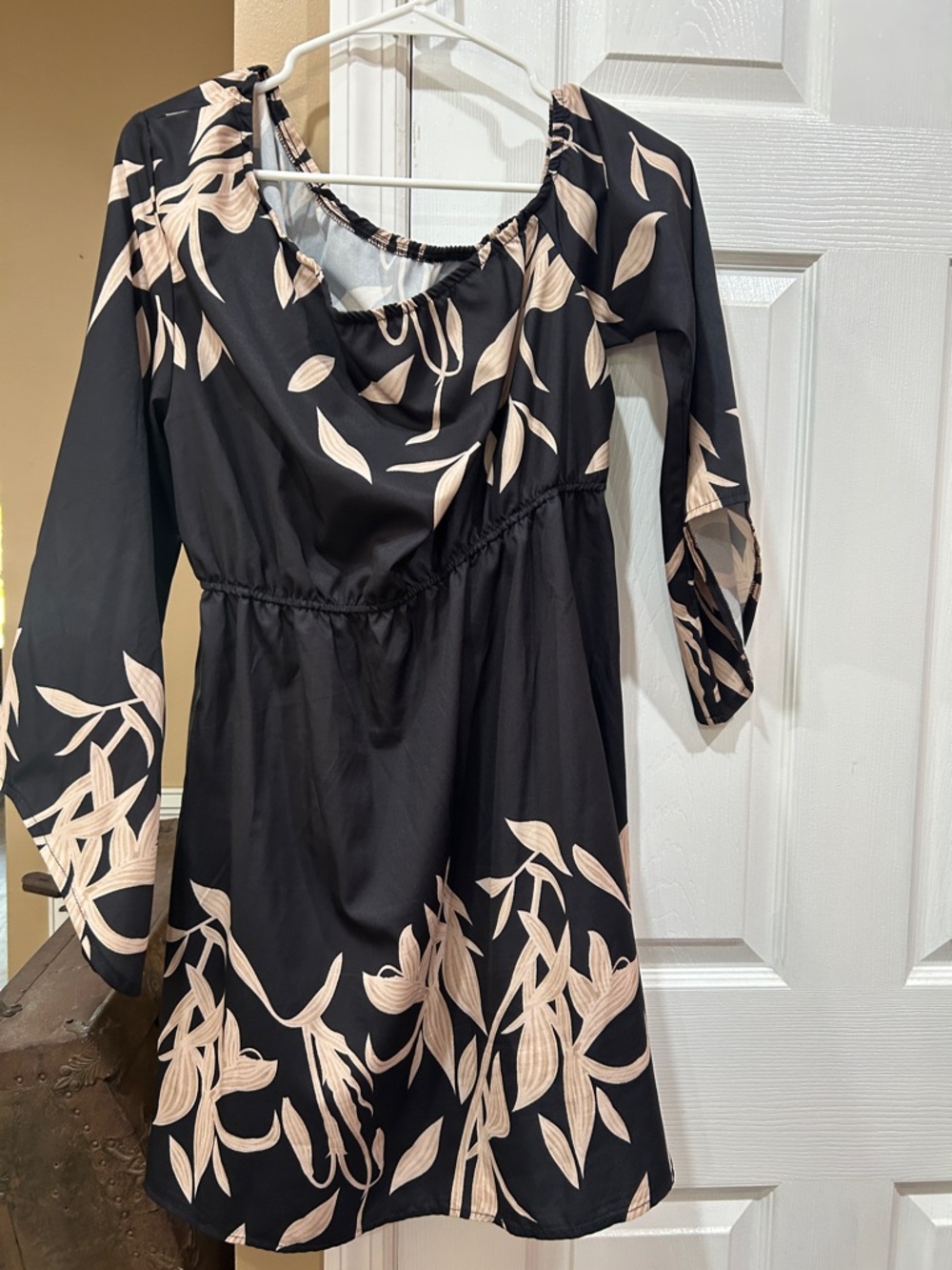 SHEIN Black Dress with Beige Leaf Motif